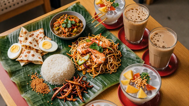 Traditional Malaysian feast featuring nasi lemak, char kway teow, roti canai, satay and teh tarik representing Malaysia diverse food culture