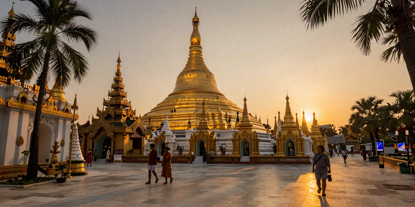 Golden Shwedagon Pagoda in Yangon Myanmar at sunset representing the serene Buddhist heritage of Burmese culture