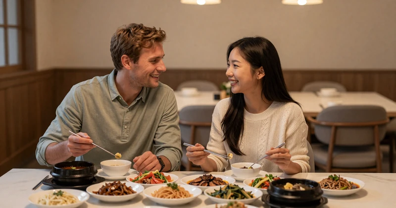 Intercultural couple sharing an Asian meal together, illustrating cross-cultural dating harmony