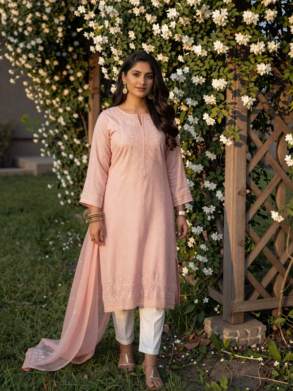 Beautiful Pakistani woman in elegant traditional attire standing in a jasmine garden representing Pakistani dating culture
