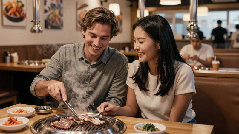 Couple enjoying a Korean BBQ date night with banchan side dishes