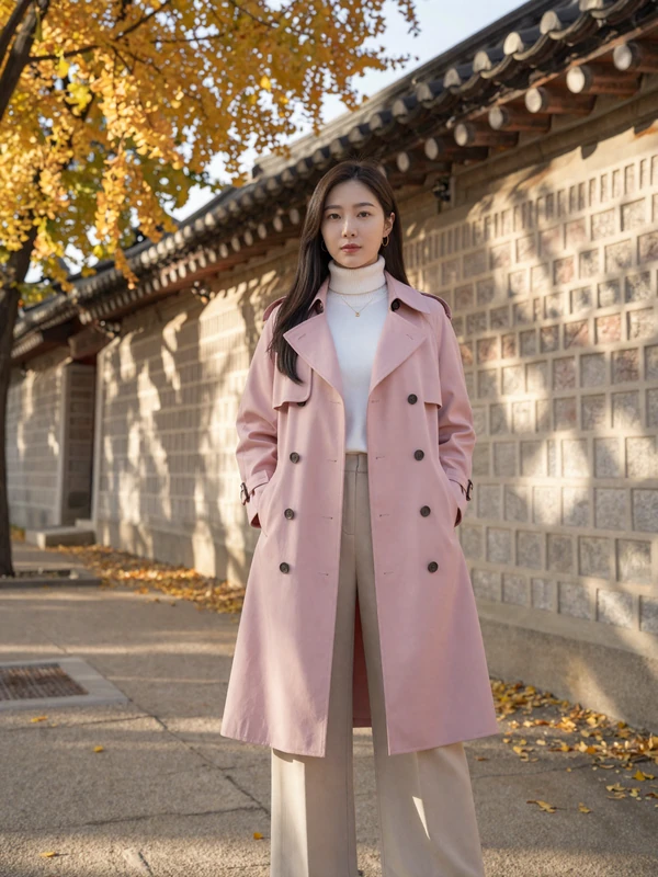 Stylish Korean woman in elegant pink trench coat near traditional Korean palace with autumn ginkgo trees representing Korean dating culture